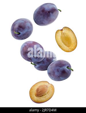 Falling plum isolated on white background, clipping path, full depth of field Stock Photo