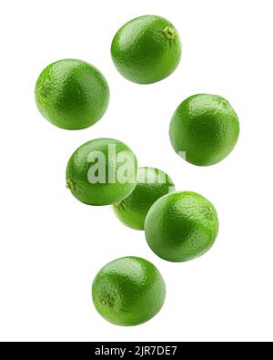 Falling lime isolated on white background, clipping path, full depth of field Stock Photo