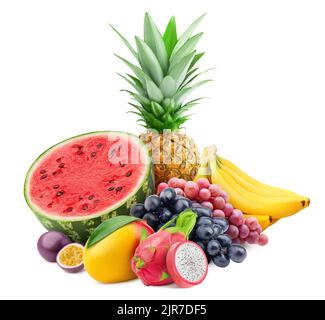 tropical fruits, watermelon, pineapple, grapes, banana, mango, passionfruit, dragon fruit, isolated on white background, clipping path, full depth of Stock Photo