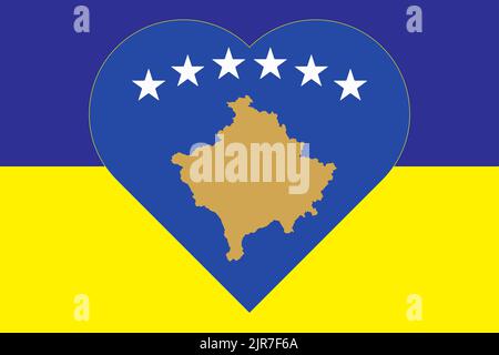 Flag of Kosovo in the form of a heart on the flag of Ukraine. Allied support for Kosovo. Flat double flag - illustration. Stock Photo