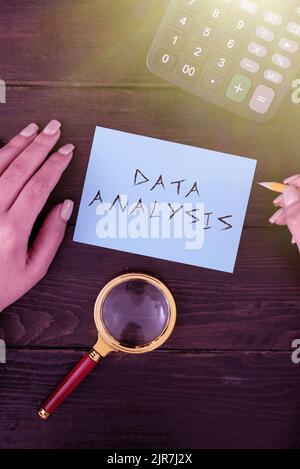 Hand writing sign Data Analysis. Conceptual photo Translate numbers to Analytical Conclusion Forecasting Hands Of Woman With Blank Paper And Stock Photo