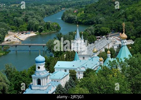 The Sviatohirsk Lavra from the left bank of the Seversky Donets River, Ukraine Stock Photo