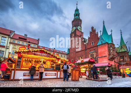 Wroclaw, Poland - December 2019:  Famous Christmas Market, Europe travel background concept. Stock Photo