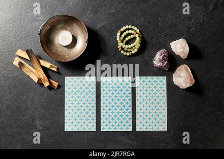 tarot cards and magic staff for divination ritual Stock Photo