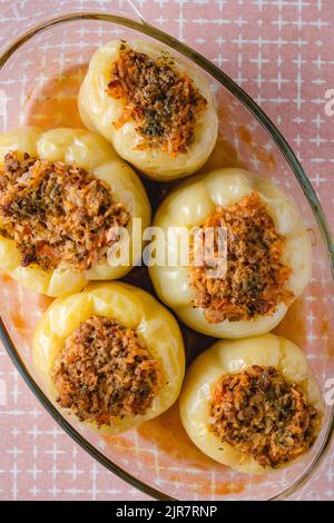 Traditional food classic stuffed bell peepers paprika with minced meat and rice in bowl baked and cooked fresh healthy food copy space ready to eat Stock Photo