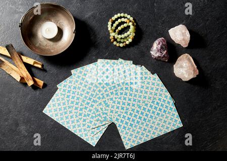 tarot cards and magic staff for divination ritual Stock Photo