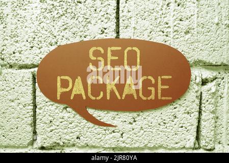 Text sign showing Seo Package. Business overview practice of search engine optimization increase amount visitors Speech Bubble On Floor With Important Stock Photo