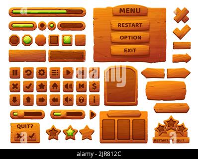 Wooden buttons cartoon interface. UI game, GUI elements with wooden texture. Game interface menu options, bars and sliders, user interface vector icons and buttons, wooden banners, arrows and pointers Stock Vector