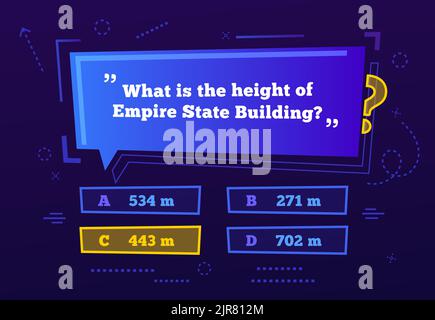 Quiz menu, test questions menu choice. Vector TV show or trivia game screen in funky style. Intellectual challenge contest, template, blue color layout with question and answer options in frames Stock Vector