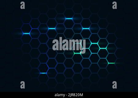 Dark hexagon abstract technology background with blue and green colored bright flashes under hexagon. Hexagonal gaming vector abstract tech background Stock Vector
