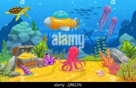Underwater game landscape with submarine. Cartoon vector sea bottom ...