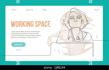 Coworking Space Landing Page Flat Cartoon Template. Freelancers Team Working Online on Laptop. Business People Sharing Open Workspace. Outline Vector Illustration Stock Vector
