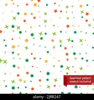 Colorful abstract seamless pattern with cute orange and green stars on white background. Confetti celebratory wrapping paper, background. Vector illus Stock Vector
