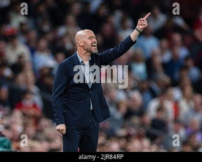 Manchester, UK. 23rd Aug, 2022. Manchester United's head coach Erik ten Hag gestures during the English Premier League match between Manchester United and Liverpool in Manchester, Britain, on Aug. 22, 2022. Credit: Xinhua/Alamy Live News Stock Photo