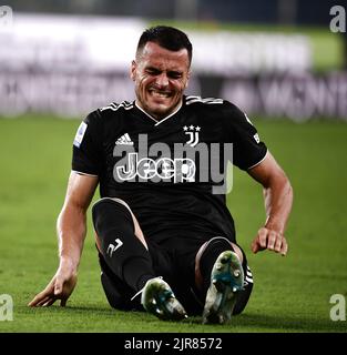 Genova, Italy. 22nd Aug, 2022. FC Juventus' Filip Kostic reacts during an Italian Serie A football match between FC Juventus and Sampdoria in Genova, Italy, Aug. 22, 2022. Credit: Federico Tardito/Xinhua/Alamy Live News Stock Photo