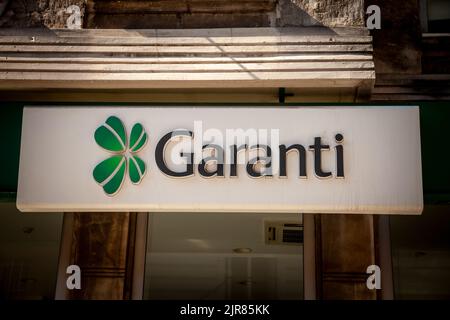 Picture of a sign with the logo of Garanti Bankasi taken in front of their local bank in Istanbul, Turkey. Garanti BBVA (legal name Türkiye Garanti Ba Stock Photo