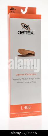 Winneconne, WI - 3 June 2022: A package of Aetrex orthotics support for medium and high arches relieves matatarsal area on an isolated background. Stock Photo