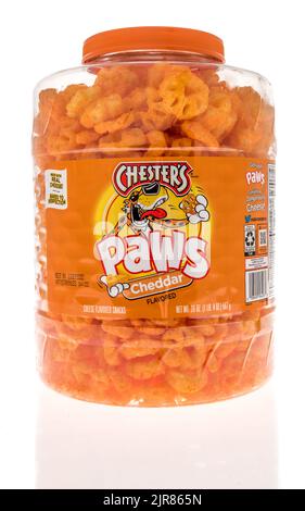 Winneconne, WI - 6 June 2022: A package of Chesters cheesey paws cheddar puffs on an isolated background. Stock Photo