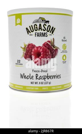 Winneconne, WI - 23 July 2022: A package of Augason farms freeze dried whole raspberries on an isolated background. Stock Photo