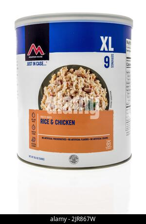 Winneconne, WI - 23 July 2022: A package of Mountain House freeze dried rice and chicken on an isolated background. Stock Photo