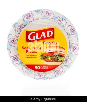 Winneconne, WI - 23 July 2022: A package of Glad everyday soak proof disposable plates on an isolated background. Stock Photo