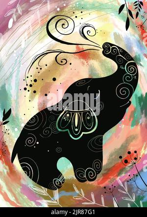 Elephant pouring water  on color background illustration Stock Photo