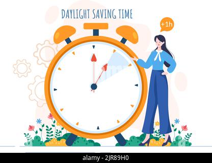 Daylight Savings Time Hand Drawn Flat Cartoon Illustration with Alarm Clock or Calendar from Summer to Spring Forward Design Stock Vector