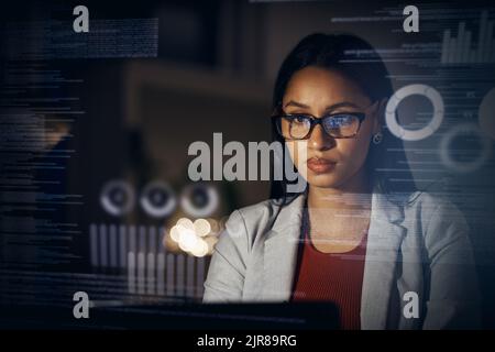 Digital IT technician or software developer coding user interface or UX program code on computer at night. Futuristic javascript SSL language with Stock Photo
