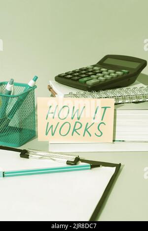 Text caption presenting How It Works, Word for Used to asked about on What Way or manner By What Means Important Idea Shown On Phone On Desk With Cup Stock Photo