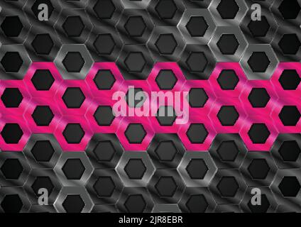 Black and pink glossy hexagons abstract metallic texture. Tech vector background Stock Vector