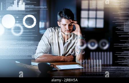 Web designer feeling stressed, tired and depressed while working on cgi code information technology. Big data engineer, computer programmer or Stock Photo