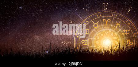 Astrological zodiac signs inside of horoscope circle. Astrology, knowledge of stars in the sky over the milky way and moon. Stock Photo