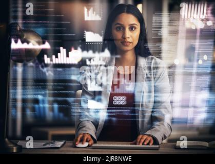 Digital IT technician or software developer coding user interface or UX program code on computer at night. Futuristic programmer and engineer reading Stock Photo