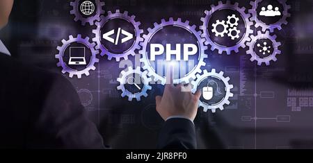 PHP coding Concept. Programmer search. Technology Background Stock Photo