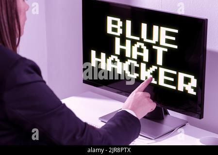 Inspiration showing sign Blue Hat Hacker, Conceptual photo Person consulting firms who bug system prior to its launch Businesswoman Pointing Important Stock Photo