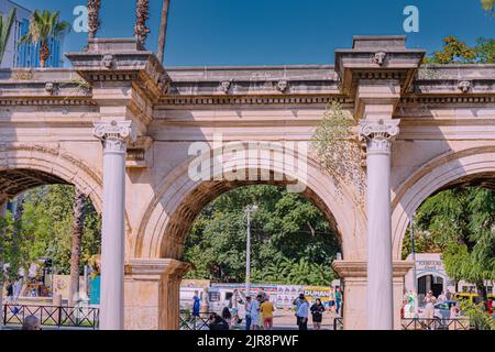 07 July 2022, Antalya, Turkey: famous gate or Hadrian's Arch in Antalya. Travel landmarks and restoration of heritage site in Turkey. Stock Photo