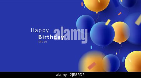 Happy Birthday greeting with blue and yellow round 3d air balloons Stock Vector