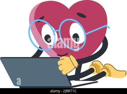 Heart character using laptop, cute personage love Stock Vector