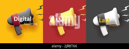 3d icon of megaphone with sound bolt, banner in different colors Stock Vector