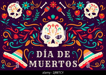 flat Dia de muertos, day of dead background illustration with ornament, sombrero, and maracas Stock Vector