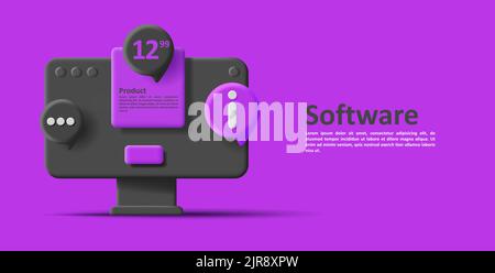 3d computer icon with bubbles and price tag, black on violet Stock Vector