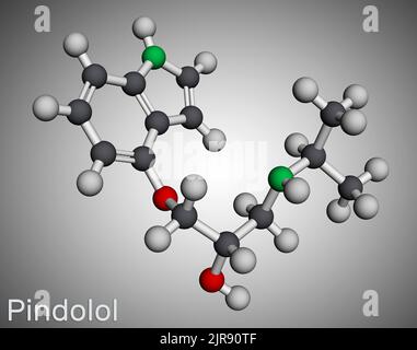 Pindolol molecule. It is nonselective beta adrenergic receptor blocker, used to treat hypertension, edema. Molecular model. 3D rendering. Illustration Stock Photo