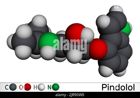 Pindolol molecule. It is nonselective beta adrenergic receptor blocker, used to treat hypertension, edema. Molecular model. 3D rendering. Illustration Stock Photo