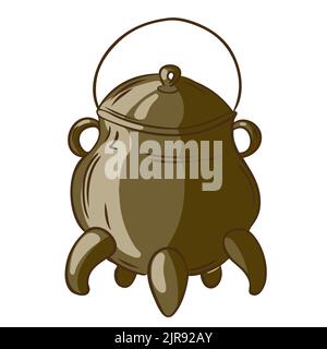 Witch's metal cauldron for a fire. Vector illustration in hand drawn style Stock Vector