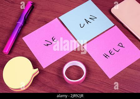 Text sign showing We Can Help. Concept meaning Let us support you give advice assistance service solutions Important News Written On Three Notes On Stock Photo