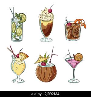 Summer alcoholic drinks with fruits. Stylish hand drawn set cocktails Stock Vector