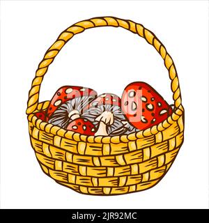 Autumn basket with ripe red fly agarics in rustic style. Halloween concept Stock Vector
