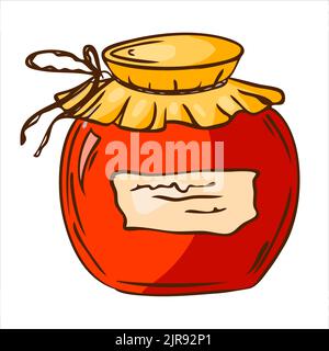 Glass jar with red berry jam. Vector illustration in hand drawn style Stock Vector