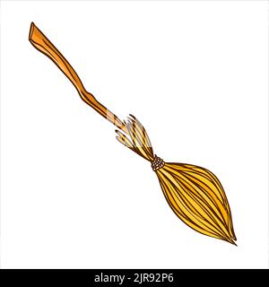 Old witch's broom on long wooden handle. Vector illustration in hand drawn style Stock Vector