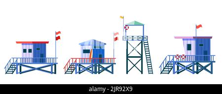 Set of Lifeguard Tower icons. Station beach building illustration style isolated Stock Vector